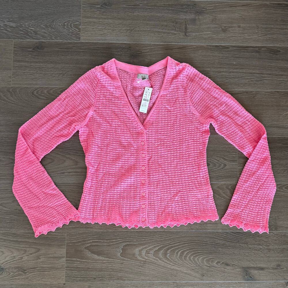 JCrew Scallop-trim Cardigan Top Shrug Flirty Open Weave Pink Spring Large NEW